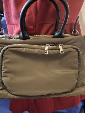 Zara Olive Green Nylon Messenger Bag with Black Handles